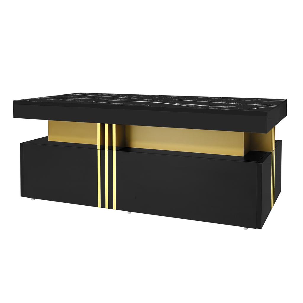 Tavolino Rettangolare Moderno con Piano ad Alta Lucentezza con 2 Cassetti in Legno, Piano Marmo, per Soggiorno, 100*50*40 cm