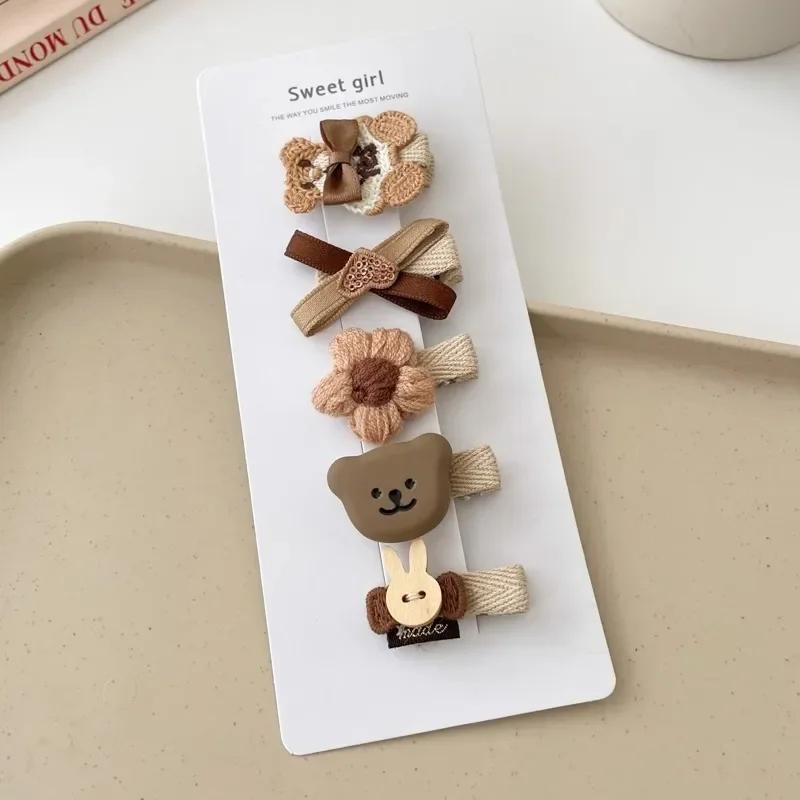 5pcs Sweet Kids Hair Clip Beige Coffee Color Plush Hairpin for BabyToddler Autumn Winter Kawaii Bowknot Headwear for Girls