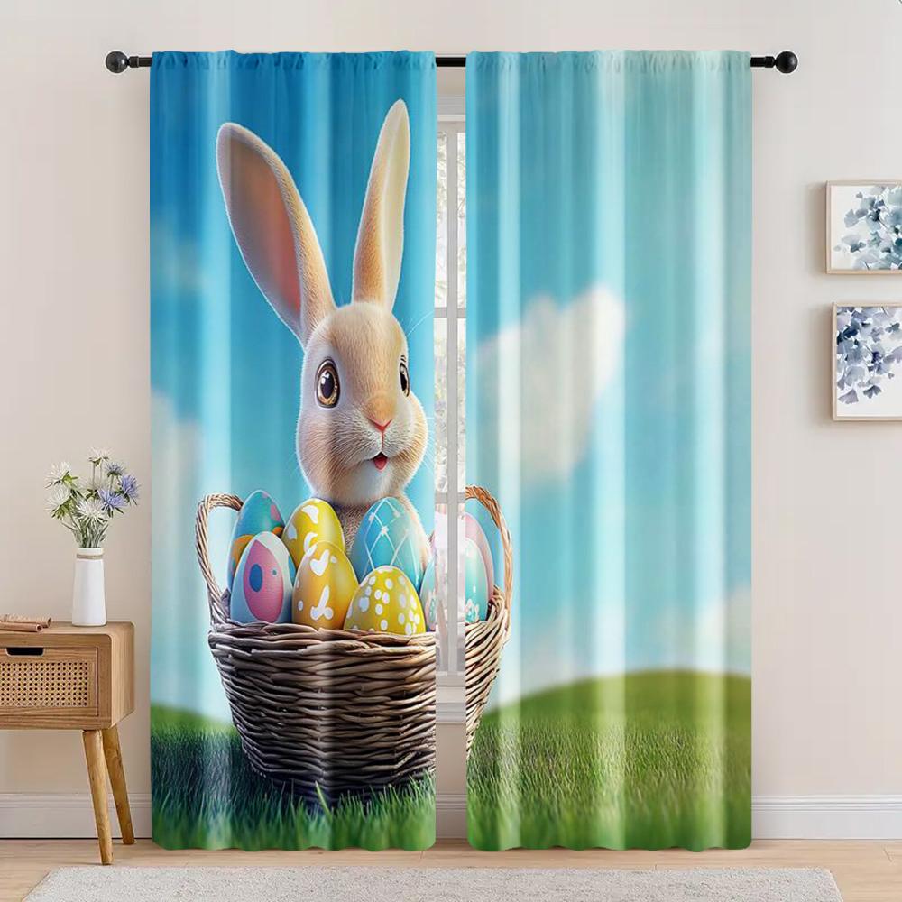 

2 шт., Занавес с кроликами и яйцами, фон, весенне-зеленая трава, кролик, разноцветные яйца, счастливые пасхальные празднования, защита конфиденциальности, праздничный 29x65in(75x166cm)