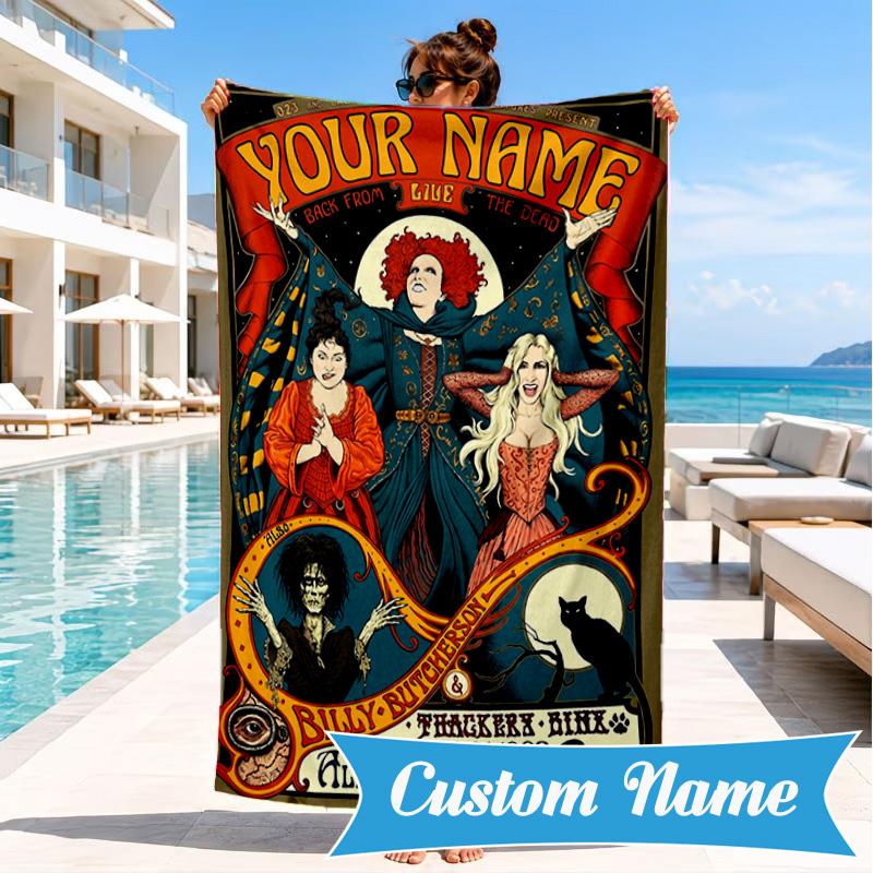 Custom Name Hocus Halloween Night Personalized Microfiber Beach Towel, Quick-Dry, Ideal for Summer Travel, Beach Essential, Swimming