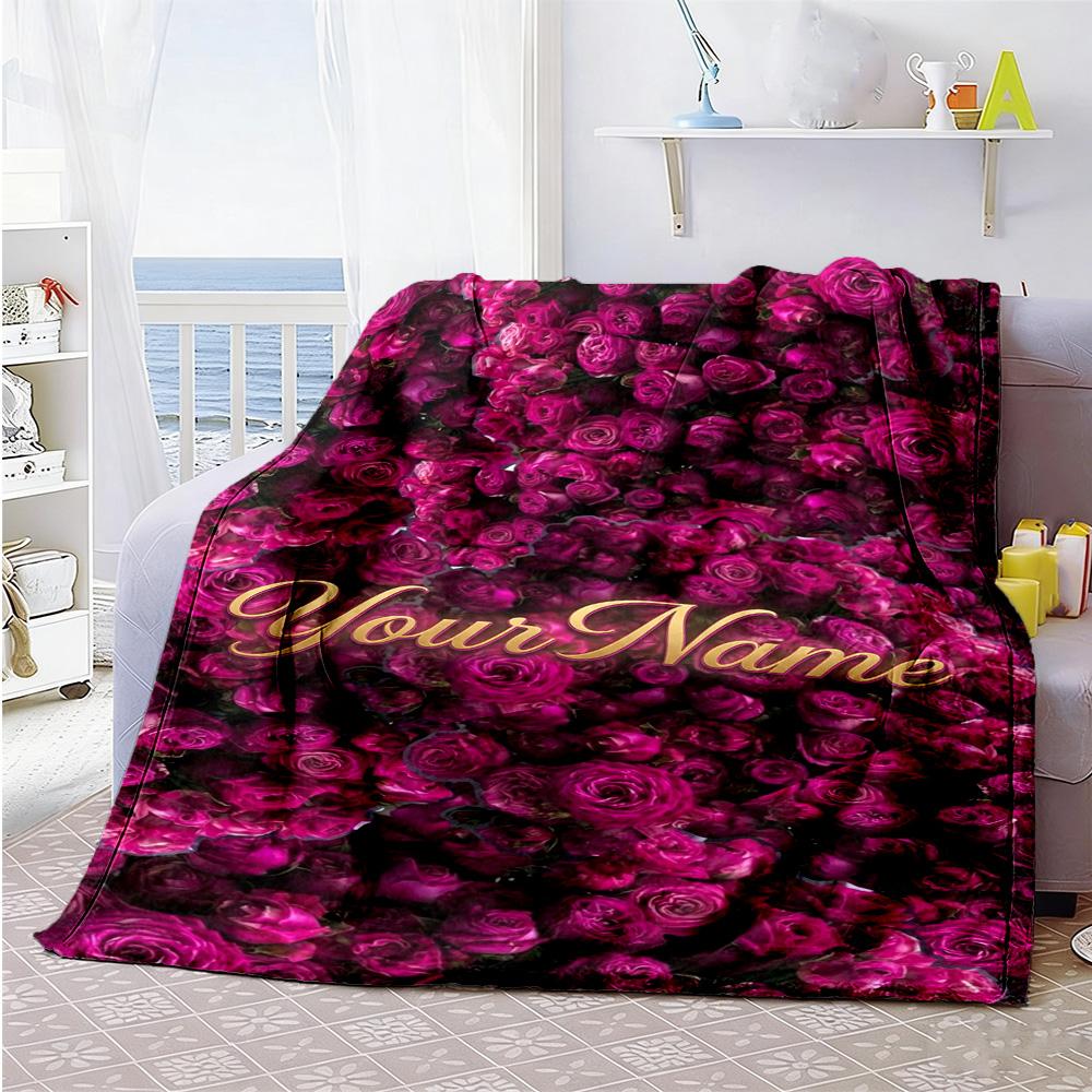 Rose Personalized Name Blanket Multi-purpose Customizable Blanket Soft Warm Cozy Suitable for Office Living Room Sofa Livingroom Four Seasons Universa