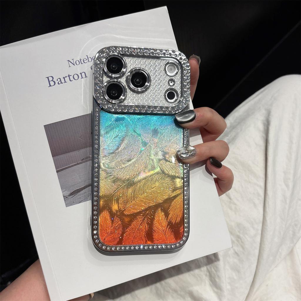 Bling Glitter Diamond Gradient Penas Pattern Plating Case For iPhone 17 16 15 14 13 17 Pro Max Lens Protective Shockproof Cover