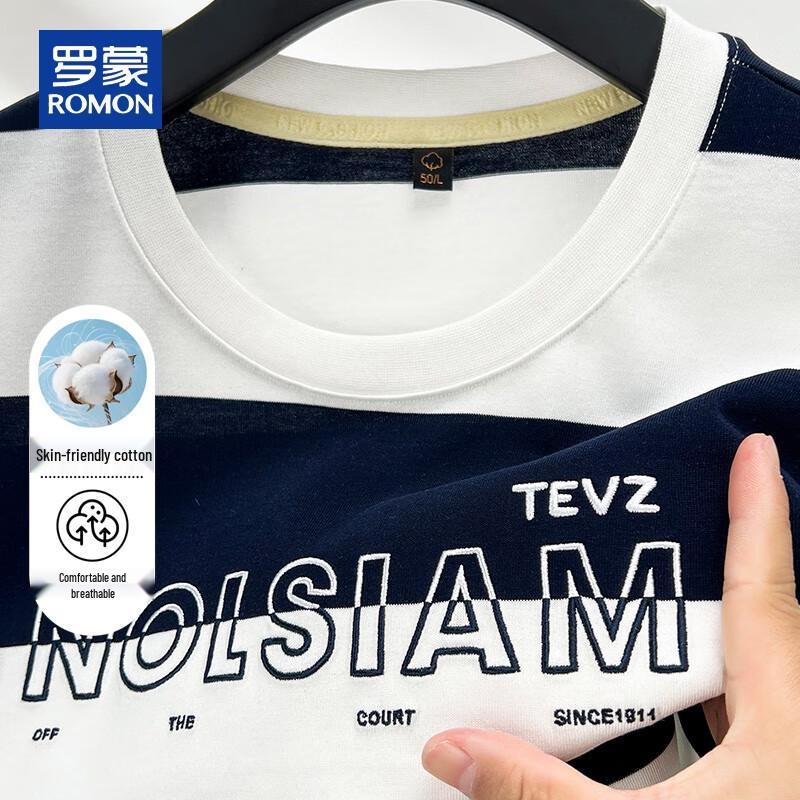 ROMON Men s Summer Striped Round Neck Short-Sleeve T-Shirt L