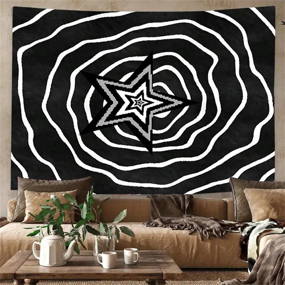 Trippy Spiral Star Tapestry, Black White Pixel Star Print Polyester Wall Hanging, Psychedelic Minimalist Themed Home Decor For