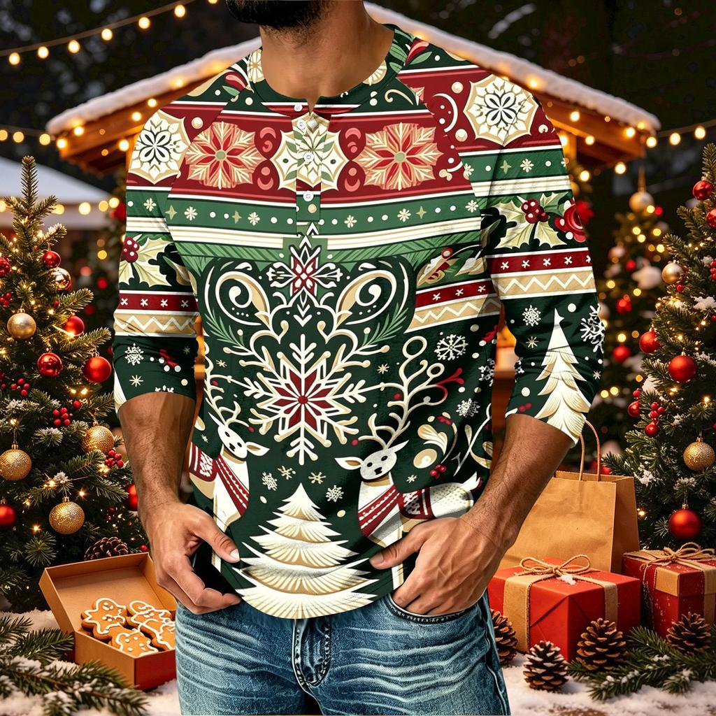 Men's Casual Three-Quarter Sleeve Raglan Shirt with Christmas Print