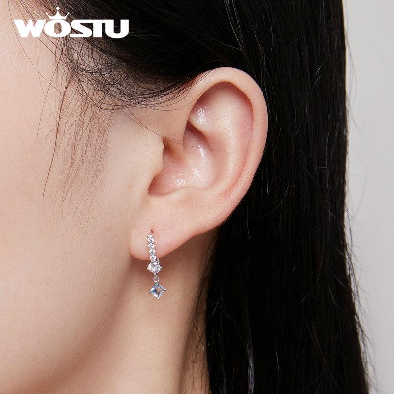 WOSTU 925 Sterling Silver Delicate Blue and White Square Zircons Ear Hook Earrings for Women Fine Jewelry Birthday Gift