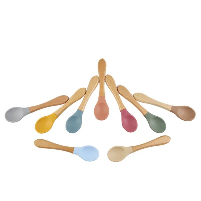 Spoons Baby Feeding Spoon Fork Wooden Handle Spoon Fork Set Soft Silicone Tip Spoon Fork BPA Free Food Grade Infant Toddlers