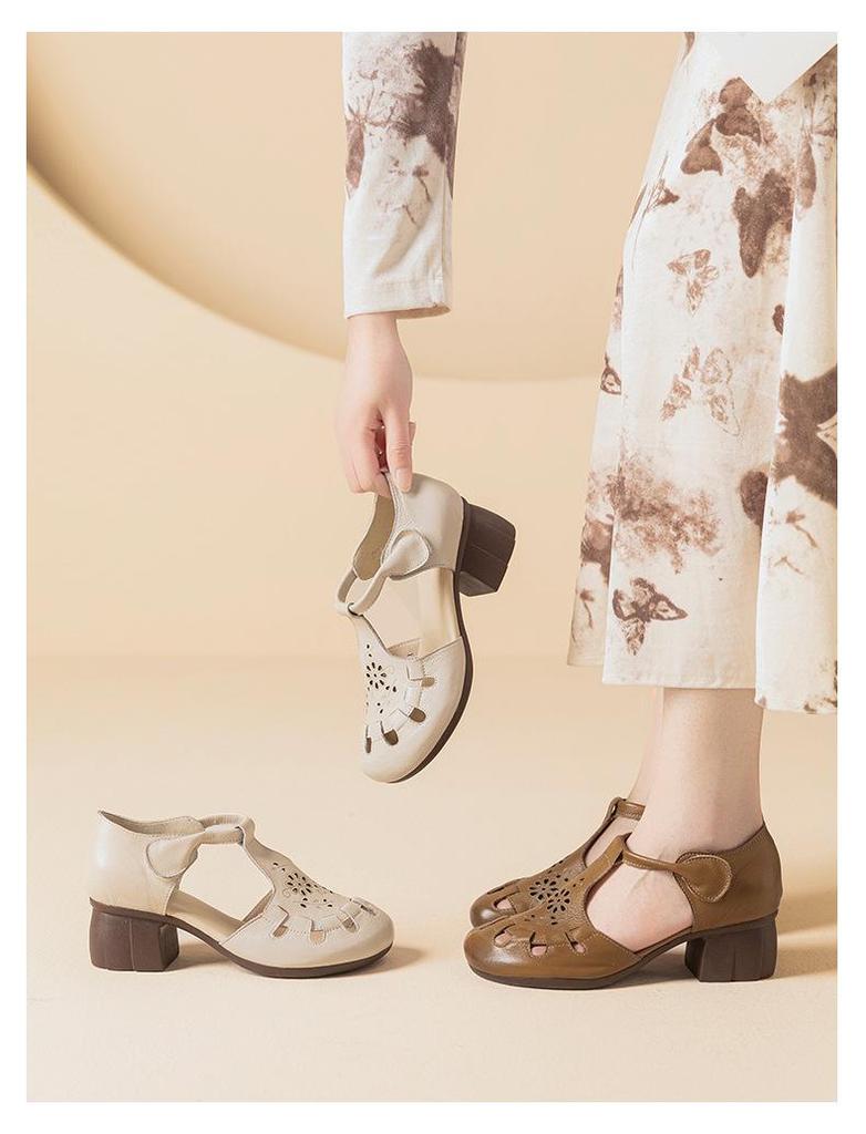 2026 Summer Women's Chunky Heel Leather Sandals - Soft Sole, Retro Hollow-Out Design