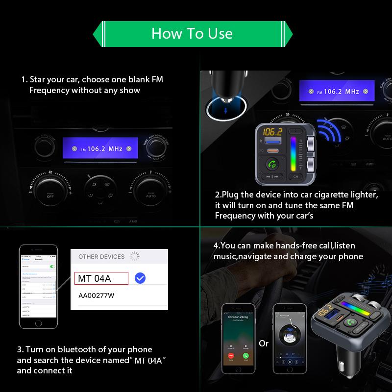

MT04 Car Bluetooth-compatible Adapter FM Transmitter HiFi Music MP3 Player Type-C+USB Car Charger Type A