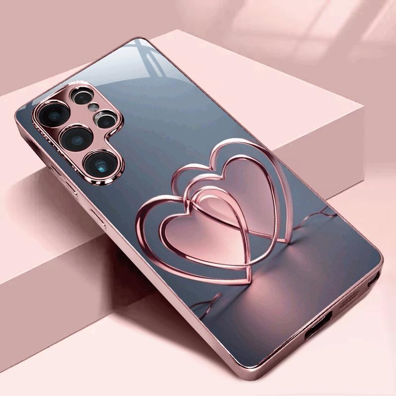 Rose Golden Heart Link Pink Glass phone case for Samsung Galaxy S26 S25 S24 S23 S22 FE Ultra Plus Anti Drop Back Cover