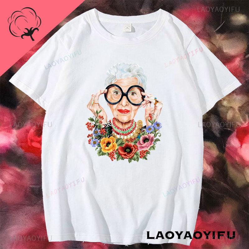 Iris Apfel Women Summer Printed Cartoon Art Tshirt Loose Casual Harajuku Streetwear Short Sleeve Cotton Female Tshirt Tops