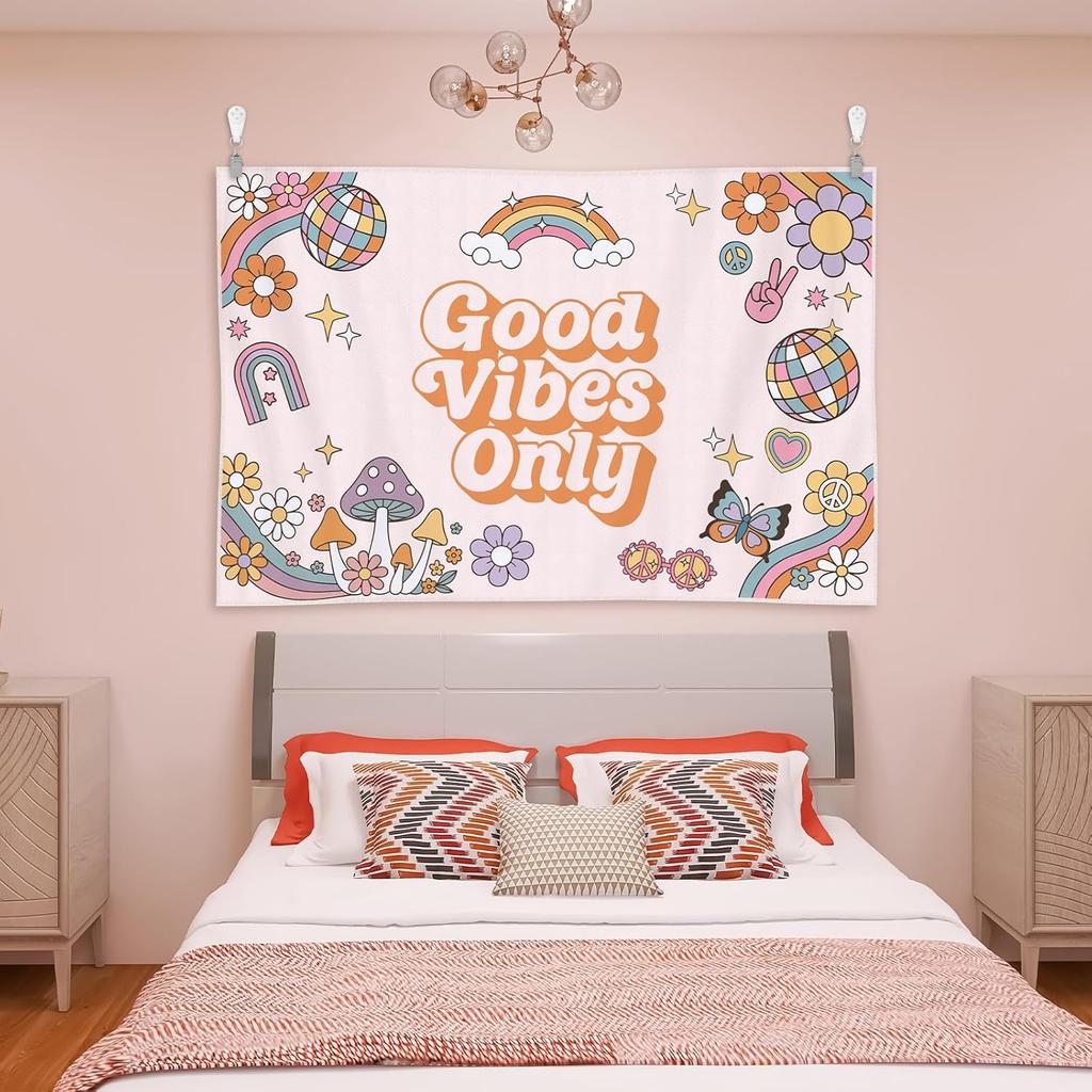 Groovy "Good Vibes Only" Tapestry, Calming Wall Art with Retro Flowers, Mushrooms & Disco Balls, Ideal for Home & Teen Spaces