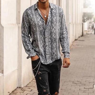 Men Shirt Long Sleeve Breathable Polyester Snake Print Blouse for Men