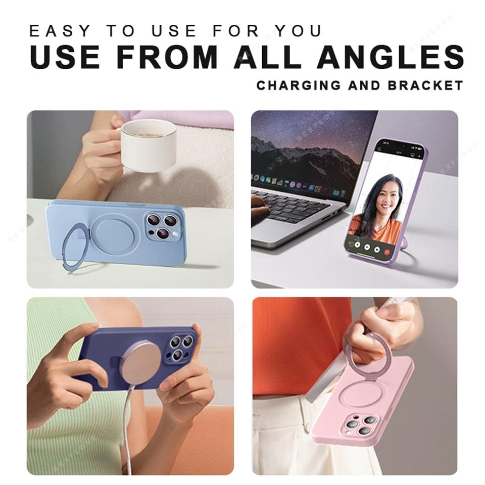 Magnetic Ring Holder Liduid Silicone Stand Phone Case For iPhone 15 14 16 Plus 11 12 13 16 Pro Max Magsafe Protector Soft Cover