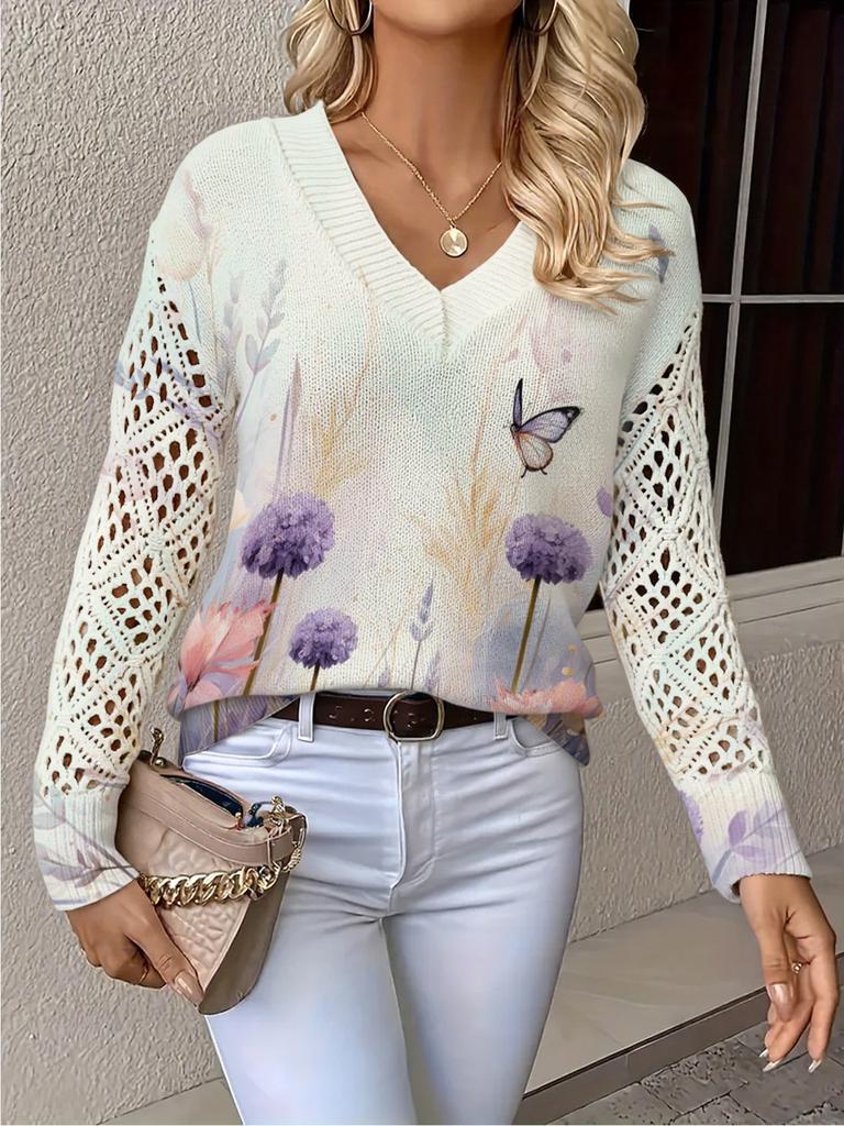 Neues bedrucktes V-Ausschnitt-Oberteil Damen beliebter Pullover Langarm Frühling und Herbst Pullover