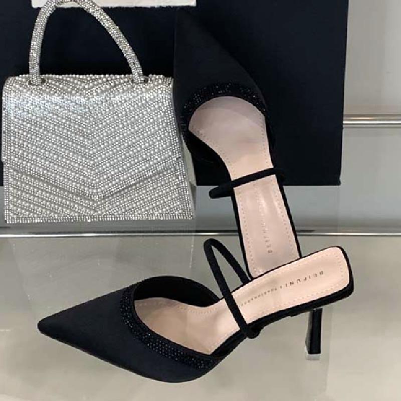Elegant Pointed Toe Slippers for Women Summer Sexy Backless Slide Sandals Fashion Party Rhinestone Design Thin Heel Pumps Female