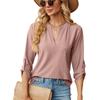 Damen Unifarben V-Ausschnitt Dreiviertelarm Locker Lässig T-Shirt Top