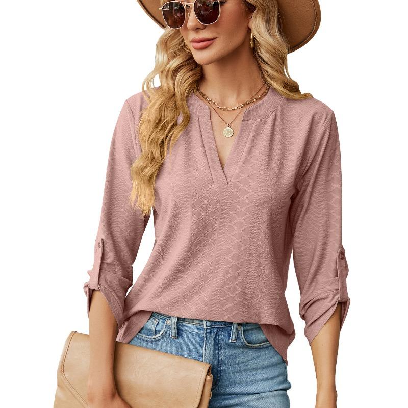 Damen Unifarben V-Ausschnitt Dreiviertelarm Locker Lässig T-Shirt Top