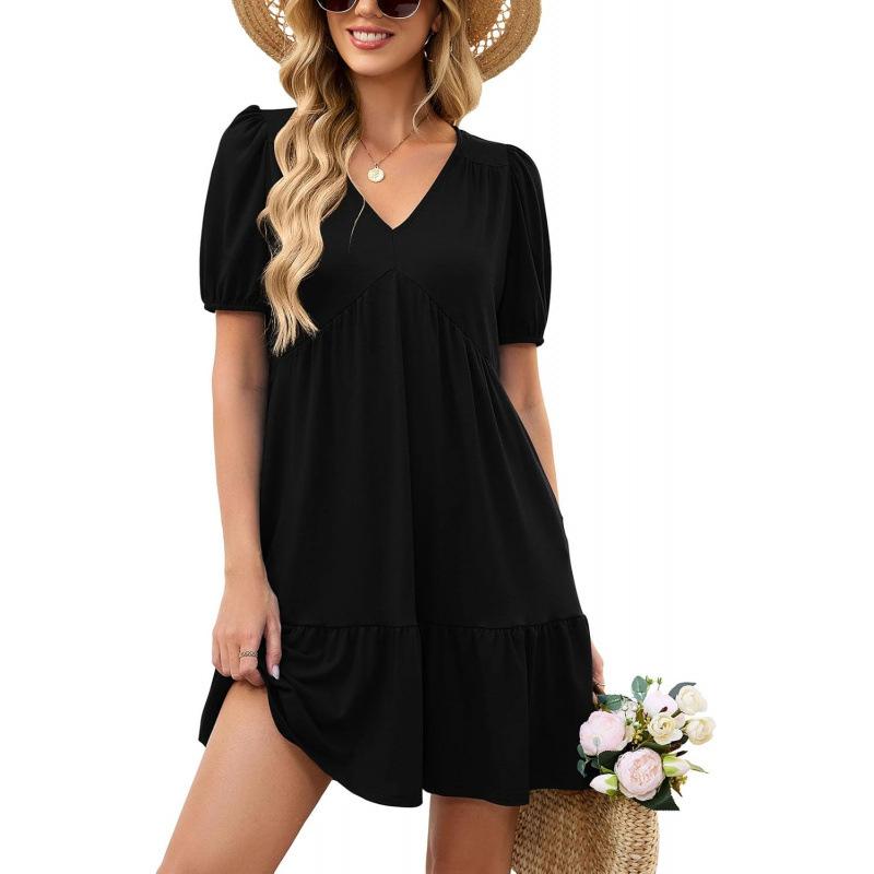 Sweet Wind 2026 Summer V-Neck Bubble Short Sleeve Premium Versatile Lotus Leaf Dress Women S чёрный
