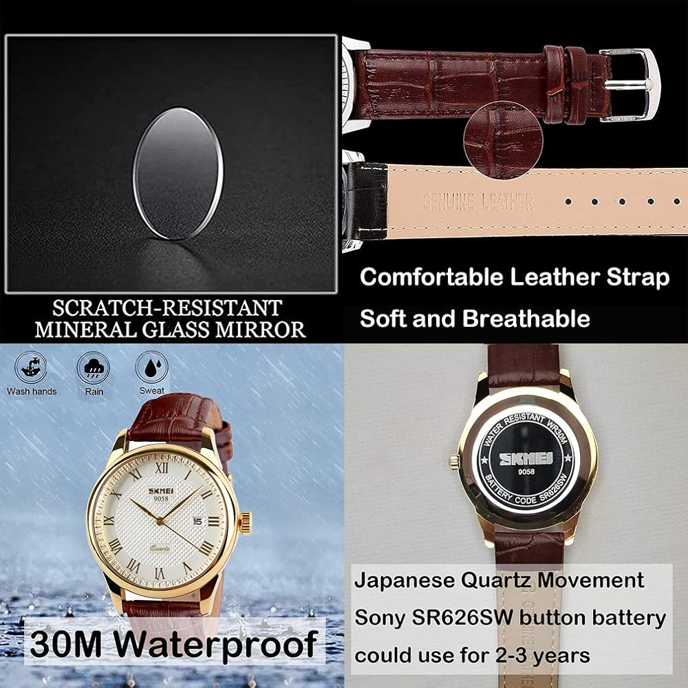 Men's Brown Leather Strap Quartz Analog Watch Waterproof Classic Casual Lightweight Date Display