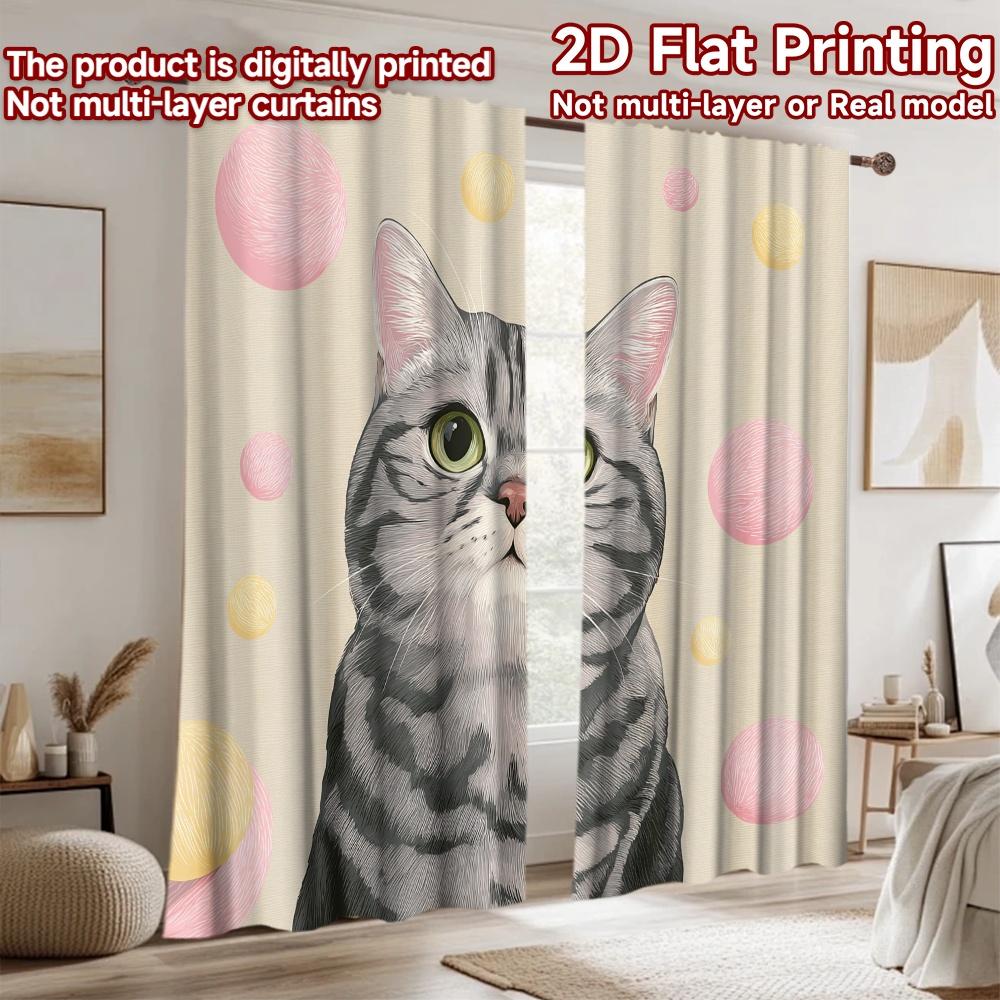 2D flat printing 2pcs Window Drapes Cute Cat Face Yarn Balls Digital Printed Polyester Drapes Holiday Decorations Perfect for
