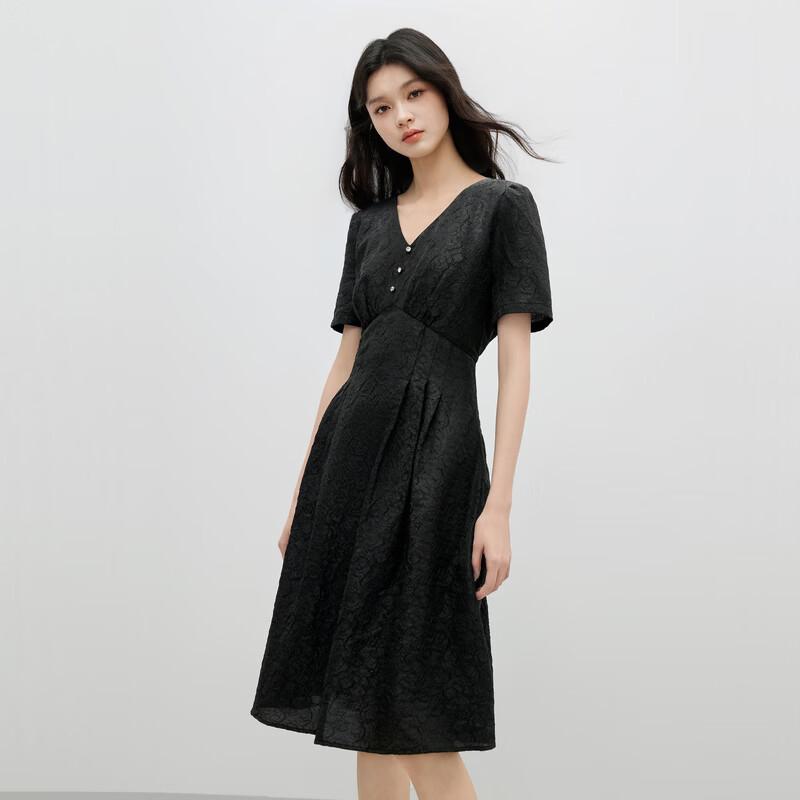 Retro Jacquard Bubble Sleeve V-Neck Dress