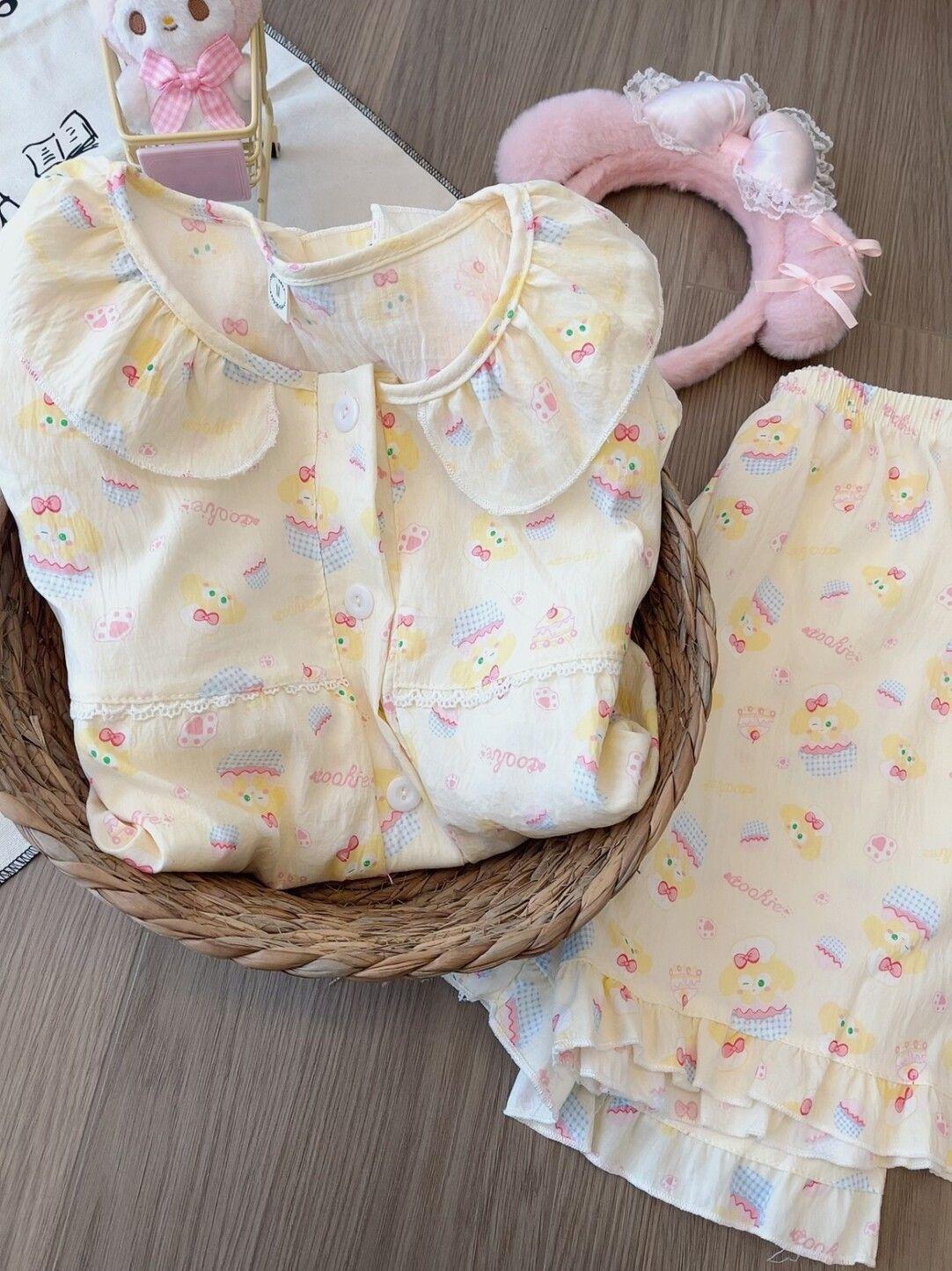 

Soft and cute full print Keqi an pajamas women s summer short-sleeved shorts cardigan set loungewear girl comfortable two-piece set S