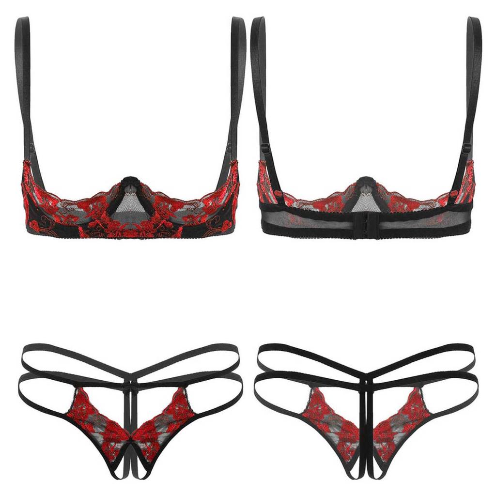 Women's Embroidery Lace Lingerie Set 1/4 Cup Unlined Shelf Bra with Panties G-String Underwear