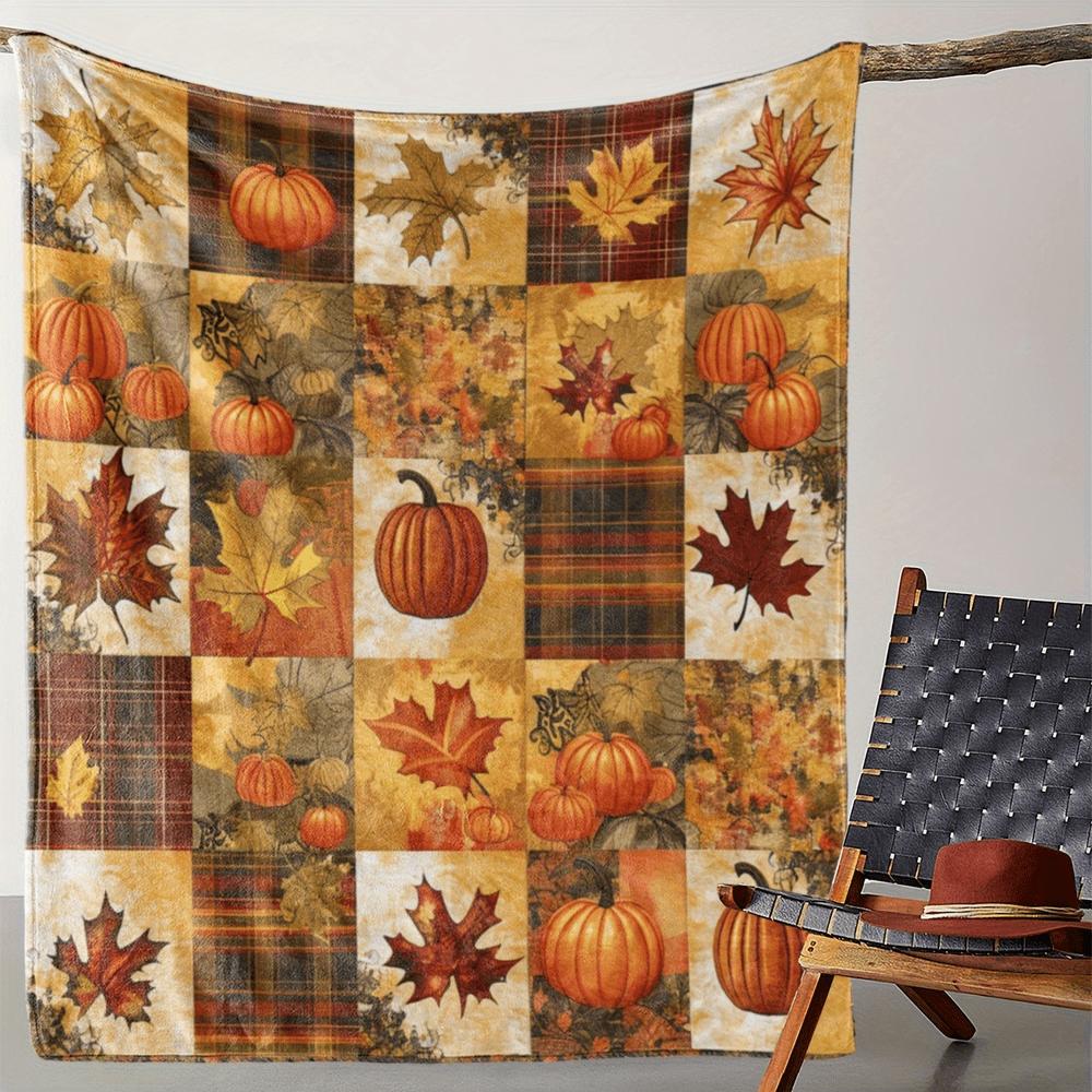 Soft Flannel Throw Blanket Fall Pumpkin Maple Leaf Plaid Print Lightweight Warm Cozy Sofa Bed Autumn Home Decor