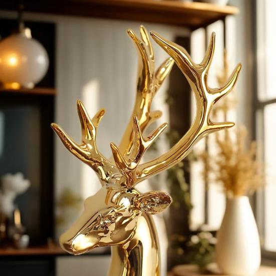 Yousheng 1 Pair Christmas Electroplating Golden Reindeer Statue Standing Sitting Elk Figurine Deer Sculpture Home Office Desktop Decoration Ornament