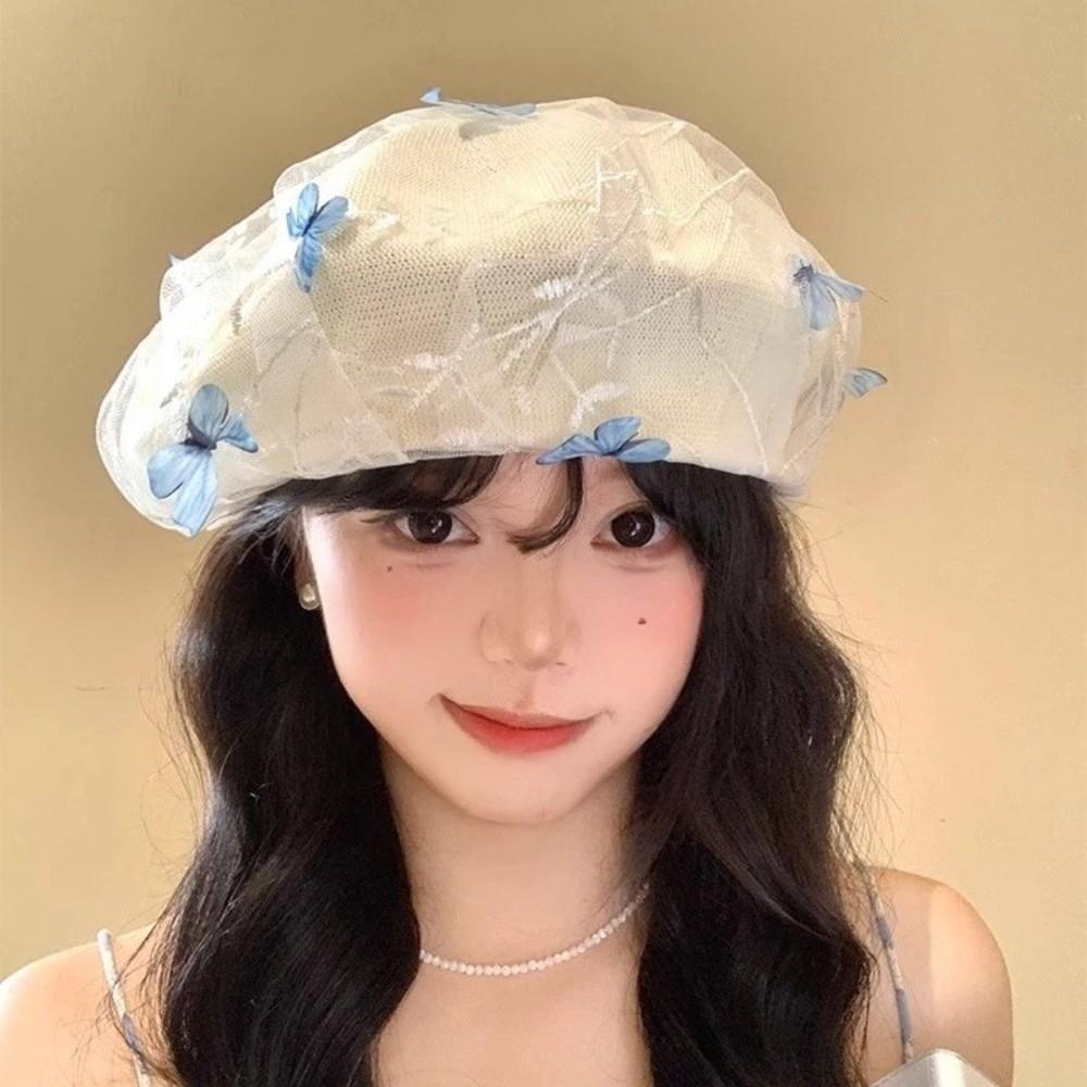 Three-dimensional Butterfly Beret Mesh Women's Beret Fashionable Knitted Hat Summer