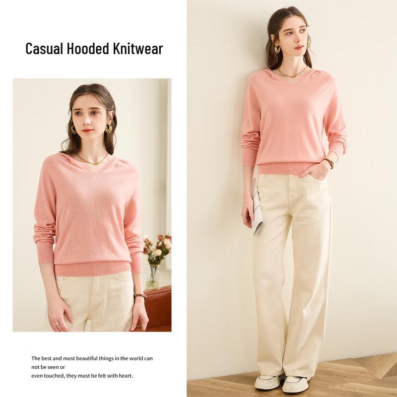 TUHUANG Women's Seamless Pure Wool Speckled Hooded Sweater