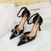 Fashion 2025 New Black Heels 8cm Women's Sandals Lacquer Leather Hollow Heels Metal Buckle One Lined Lady Stiletto Elegant Banquet Shoes