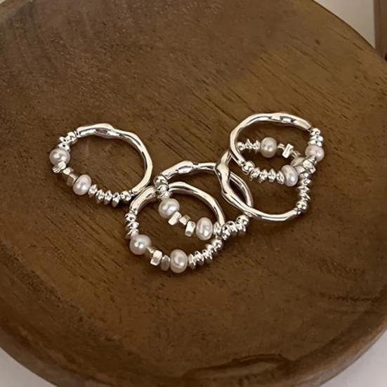 Women Ring Imitation Pearl Decor Irregular Shape Beads Handmade Ring Adjustable Opening Design Finger Ring