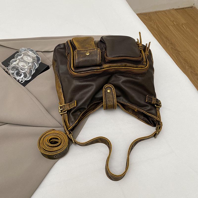 Women's Fashion Washed Old Spice Girl Locomotive Bag Multi-pocket Japanese and Korean Trend Shoulder Bag