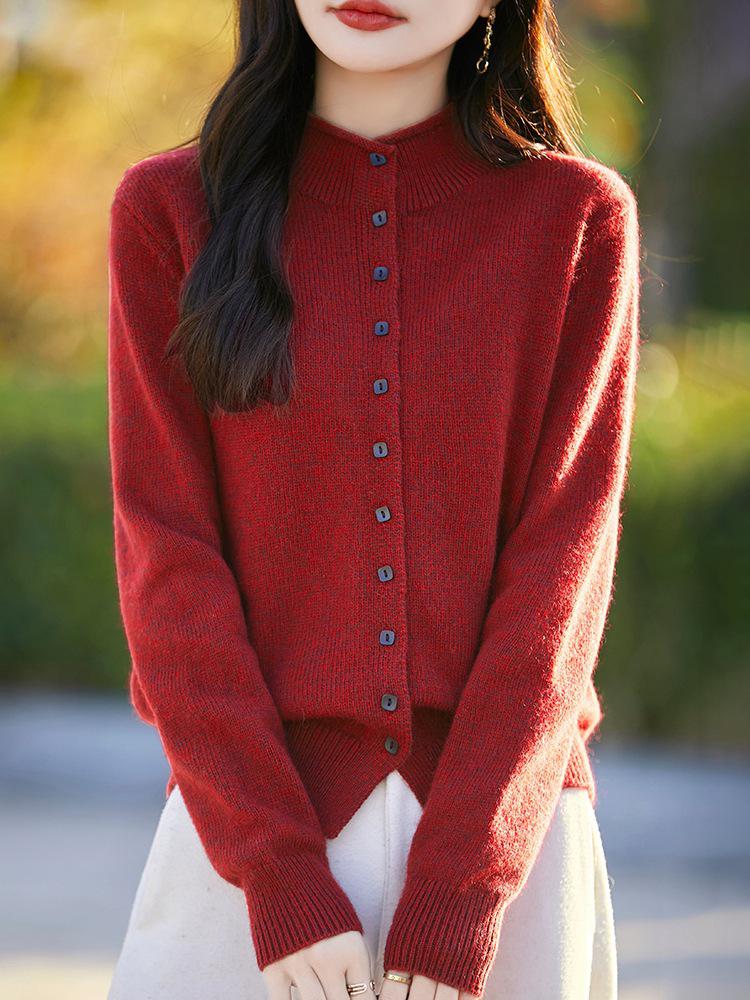 Heathered Wool Long Sleeve Rolled Edge Cardigan Sweater with Semi-High Neck 