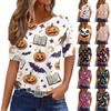 Women's Casual Halloween Short Sleeve Pullover Top Bat Pumpkin Print Round Neck Relaxed Fit Shirt for Fall