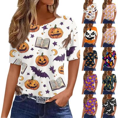 Women's Casual Halloween Short Sleeve Pullover Top Bat Pumpkin Print Round Neck Relaxed Fit Shirt for Fall