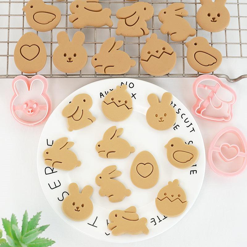 8Pcs Cookies Cutter Rabbit Egg Dough Stamp Plastic 3D Bunny Cartoon Pressable Biscuit Mold Easter Kitchen Baking Pastry Bakeware