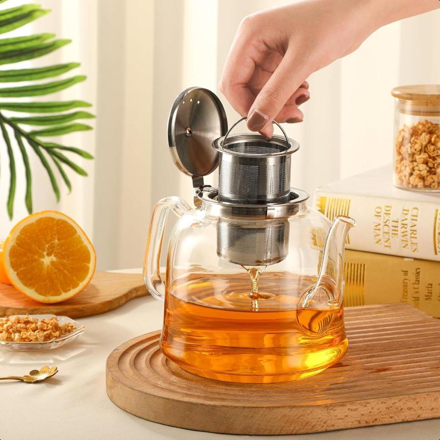 

47OZ 1400ML Glass Teapot with Stainless Steel Removable Infuser and Lid Stovetop and Microwave Safe Clear Borosilicate Glass Te United States