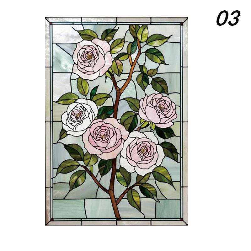 Retro Rose Glass Film Static Cling Self-adhesive Stained Glass Stickers Flower Art Painting Privacy Protection Window Film