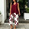 Damskie Zestawy 2-częściowe Plus Size Bez rękawów Dekolt V Top na ramiączkach i Spodnie Cropped w kwiaty Zestaw Letnie Stroje do wypoczynku