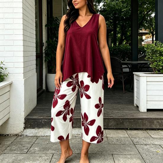 Damskie Zestawy 2-częściowe Plus Size Bez rękawów Dekolt V Top na ramiączkach i Spodnie Cropped w kwiaty Zestaw Letnie Stroje do wypoczynku