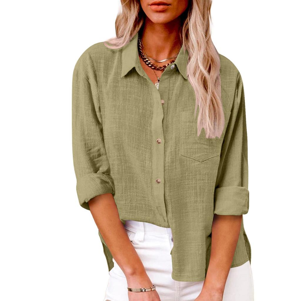Women's Collar Long Sleeve Shirt Loose Fit Solid Color Linen Cotton Pocket Commuter Blouse