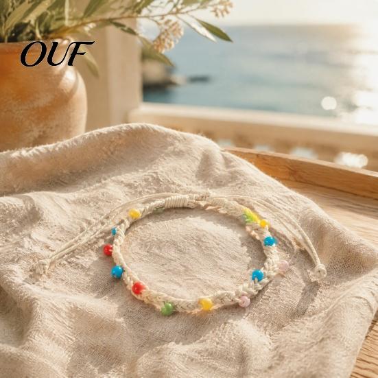 Handmade Woven Rope Wristbands Braided Bracelet for Women, Bohemian Wrist Adjustable Bracelets Women with Colorful Rice Beads, Knot Cord Wristband