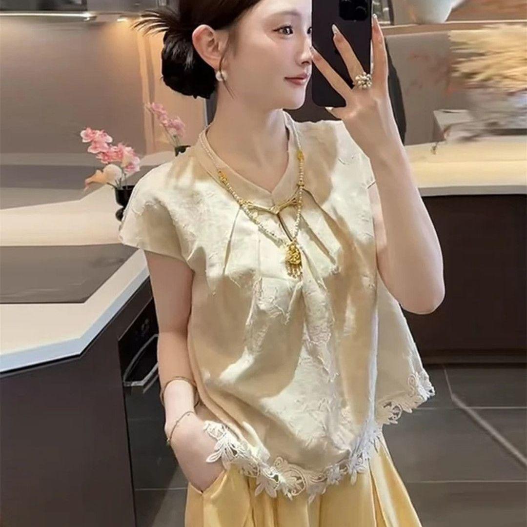

Two-Piece 2026 Summer Chinese Style Frog Button Shirt & Wide-Leg Pants Set S (Up to 95 jin)