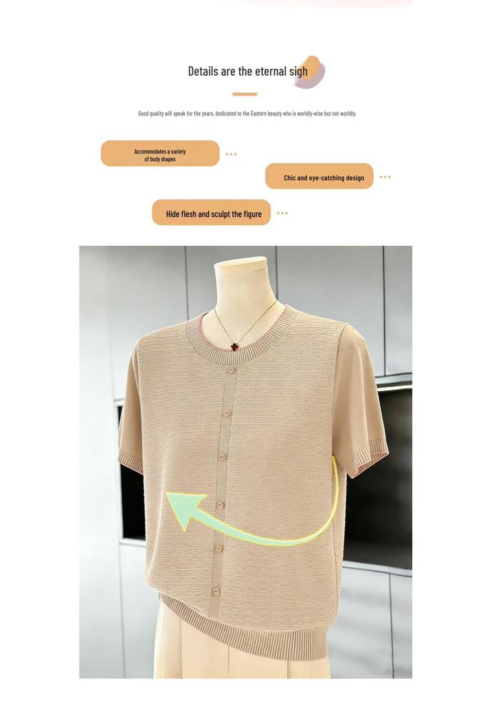 Elegant Summer Knit Top: Ice Silk Short-Sleeve T-Shirt for Stylish Moms and Seniors