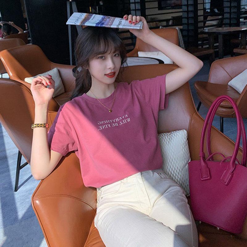 Women Summer Casual Short Sleeve O Neck Fashion Letter Printed Loose T Shirt Top