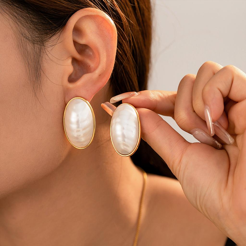 Oval Shell Pendant Necklace Open Ring Stud Earring For Women 18k Gold Plated Stainless Steel Chain Necklaces Rings Earrings Sets