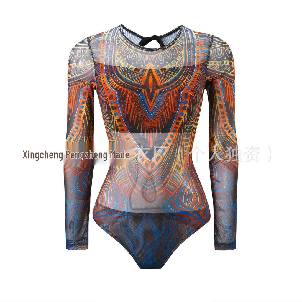 Women's Long Sleeve Mesh Sun Protection One-Piece Swimsuit with Skirt